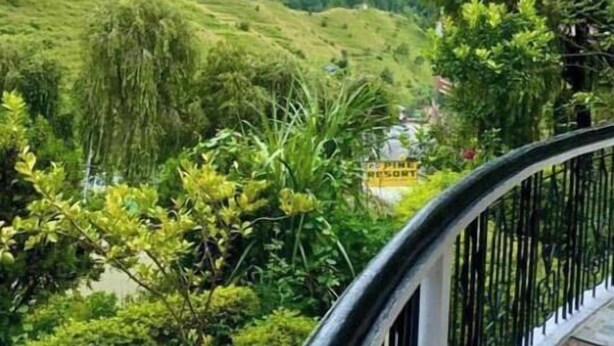 A balcony with a view of a lush green valley and distant mountains under a cloudy sky.