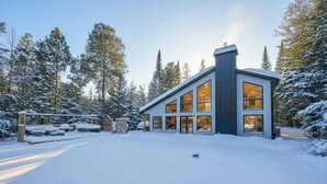 A modern house with large windows and a chimney, surrounded by snow-covered trees. - Spa, River, Pool Table | Chalet Ombre & Lumière (Entrelacs)