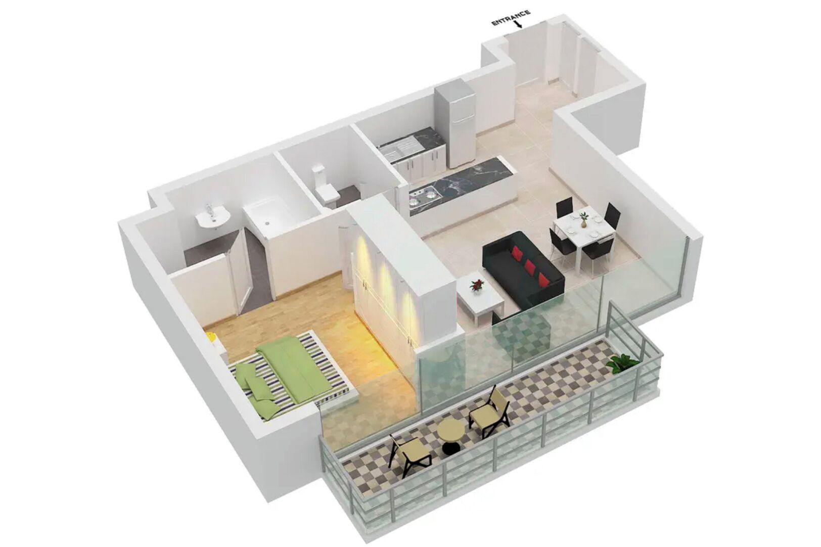 A 3D floor plan of a modern apartment with a kitchen, dining area, living room, and balcony.
