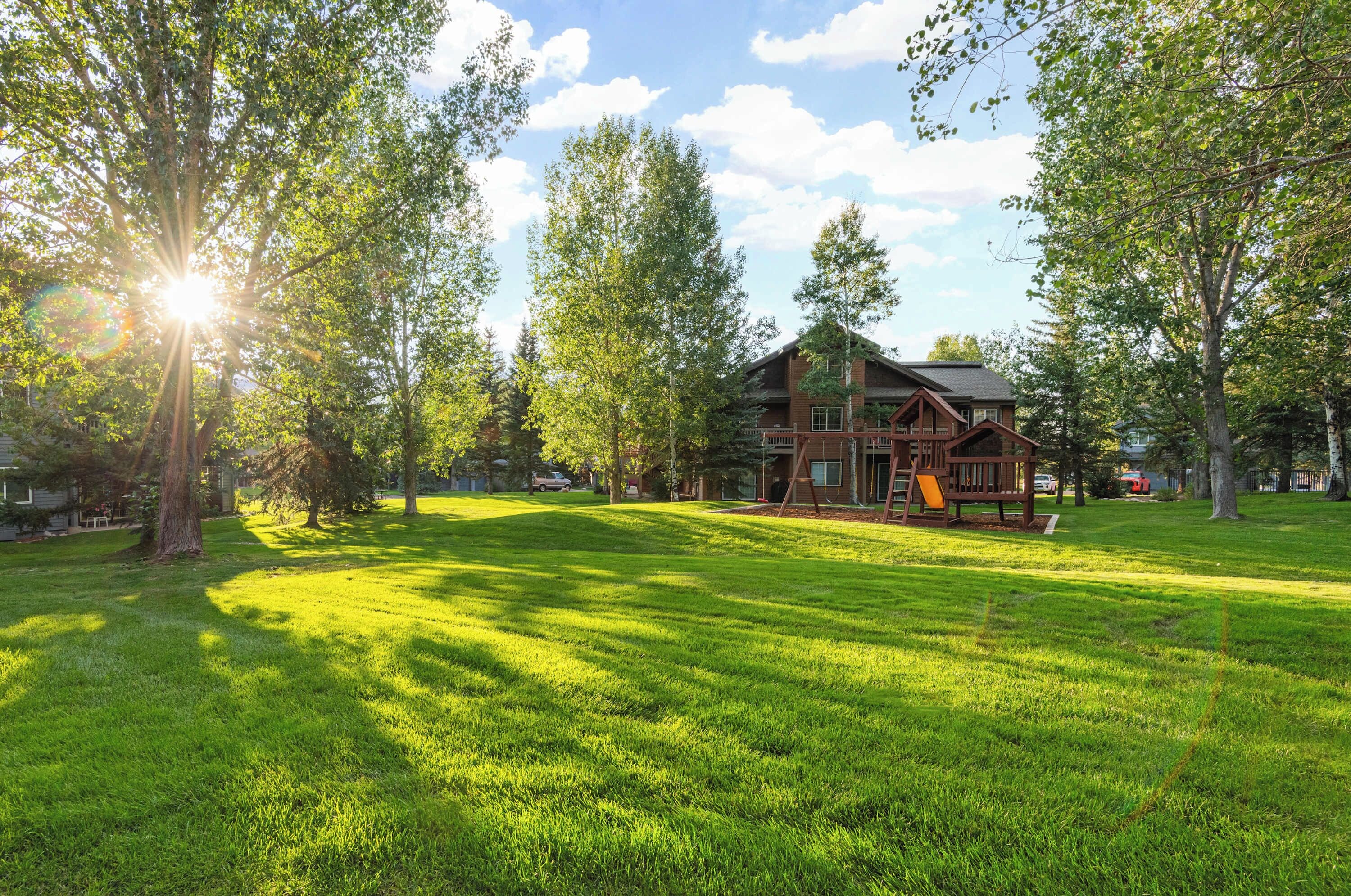 A large, rustic log cabin with a deck and a swing, surrounded by lush green grass and trees, under a clear sky.