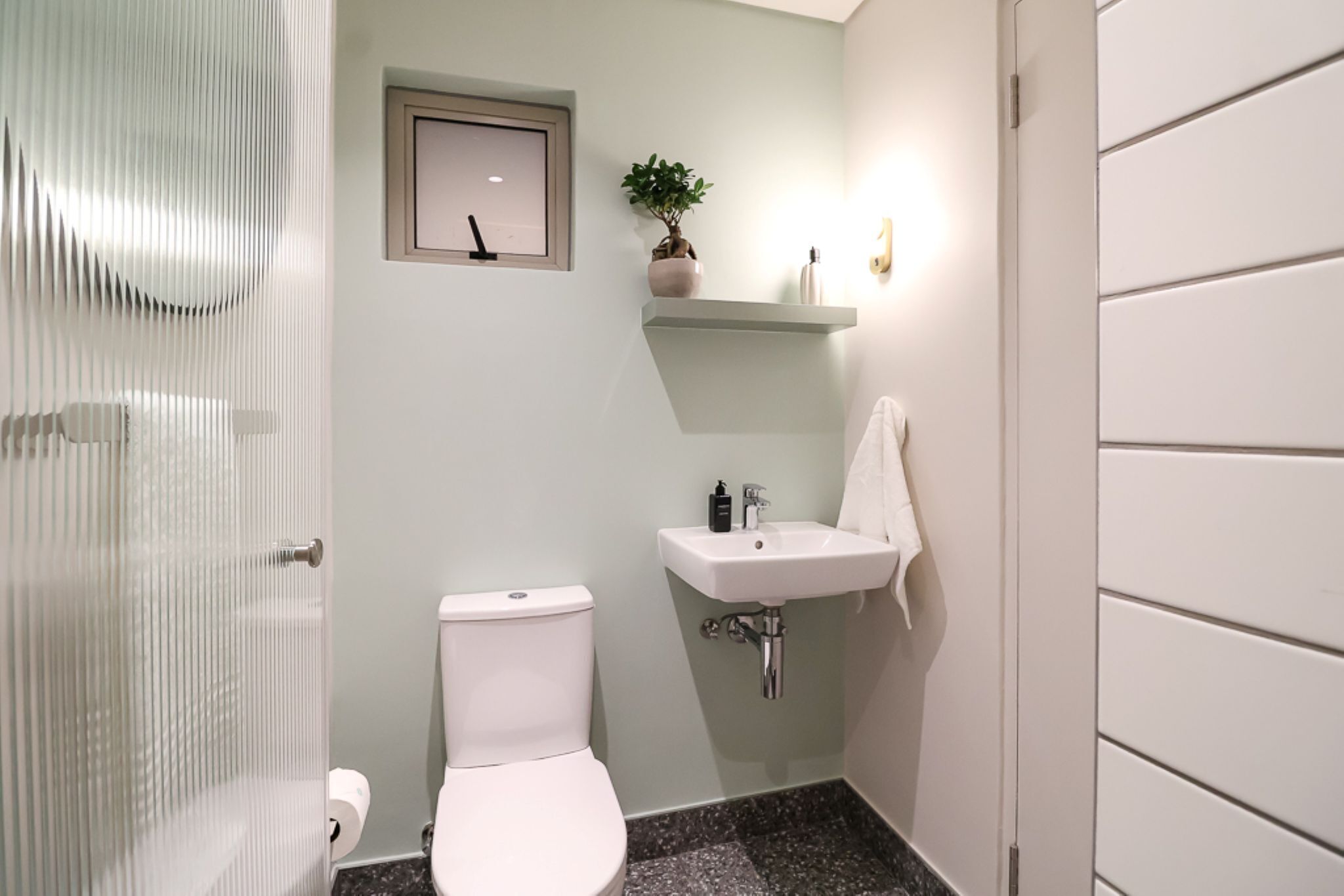 A bathroom with a toilet, sink, and a small potted plant on a shelf.