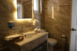 Towels, shampoo, toilet paper