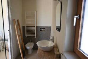 Shower, hair dryer, bidet, towels