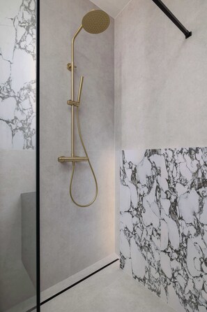 Shower, hair dryer, towels, shampoo