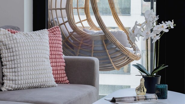 A modern living room with a grey sofa, a wicker hanging chair, a round table, and a potted plant.