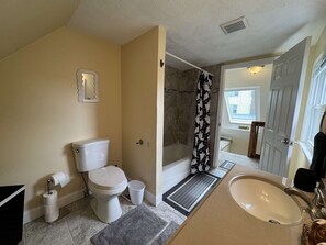 Shower, hair dryer, towels