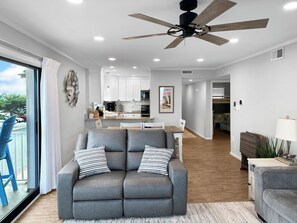 Smart TV, fireplace, books, music library