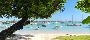 A marina with various boats docked, a sandy beach, and a tree in the foreground. - Luxury 3-bedroom apartment with AC and swimming pool in Grand Baie (Grand Baie)