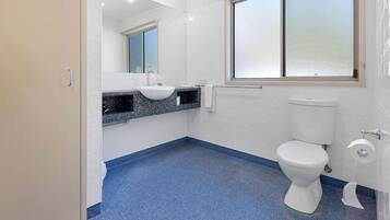 A bathroom with a white toilet, a sink, a mirror, and a window.