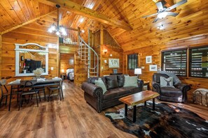 TV, fireplace, books, offices