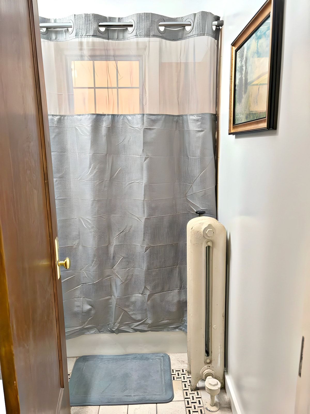 A bathroom with a shower curtain, a radiator, a door, and a small mat.