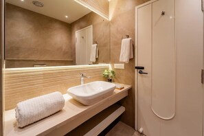 Quarto executivo | Banheiro | Chuveiro, sabonete, papel higiênico