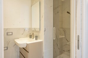 Shower, hair dryer, bidet, towels
