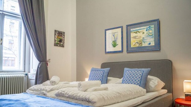 Een net opgemaakt bed met witte lakens en blauwe accenten, een raam met uitzicht op gebouwen, en twee ingelijste kunstwerken aan de muur.