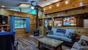 Smart TV, fireplace, books