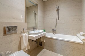 Hair dryer, towels, soap, shampoo