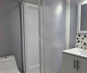 Shower, hair dryer, towels, toilet paper