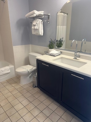 Hair dryer, towels, soap, toilet paper