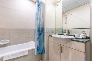 Shower, hair dryer, bidet, towels