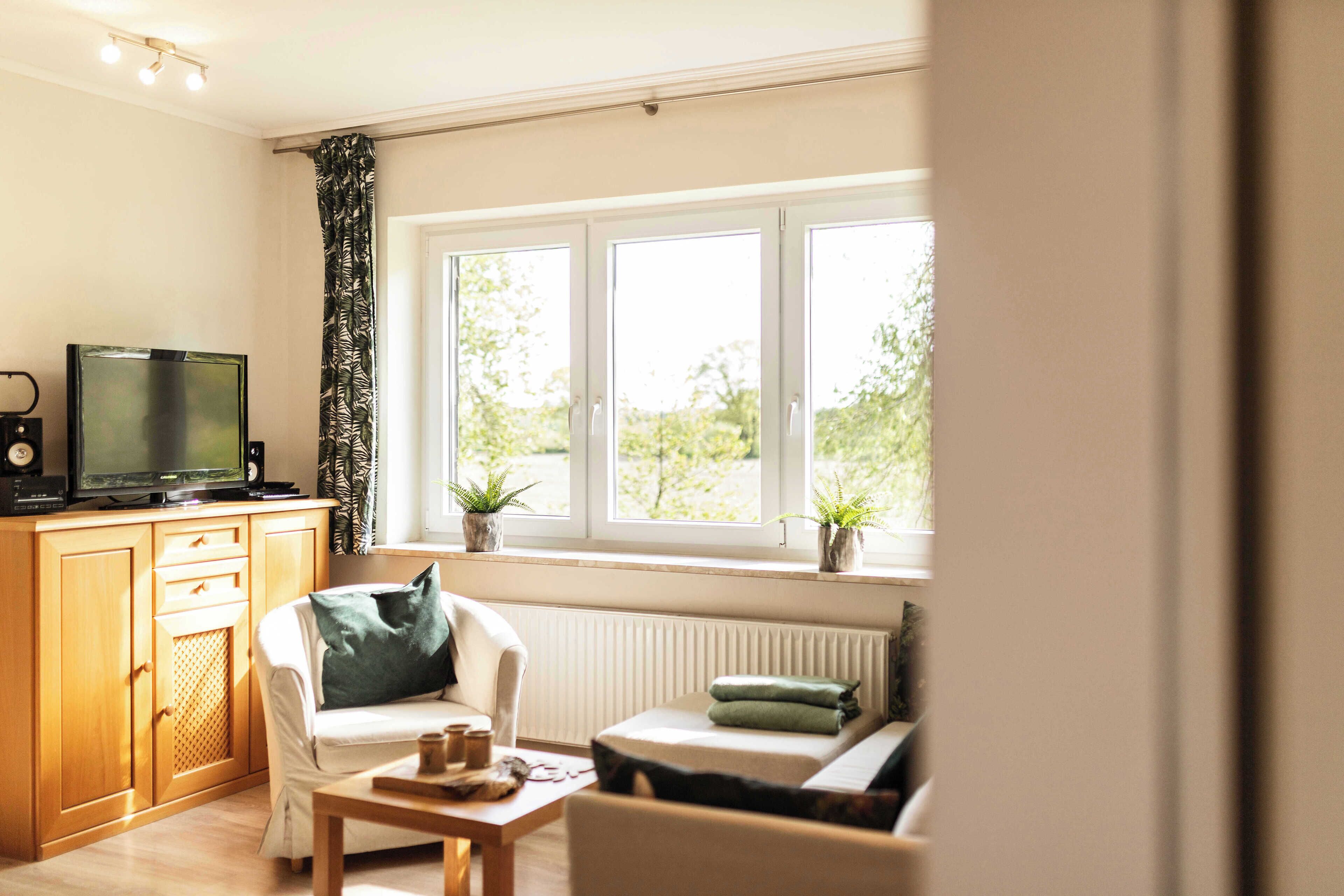 A cozy living room with a sofa, a coffee table, and a television on a wooden cabinet. There are windows with curtains and potted plants on the windowsill.