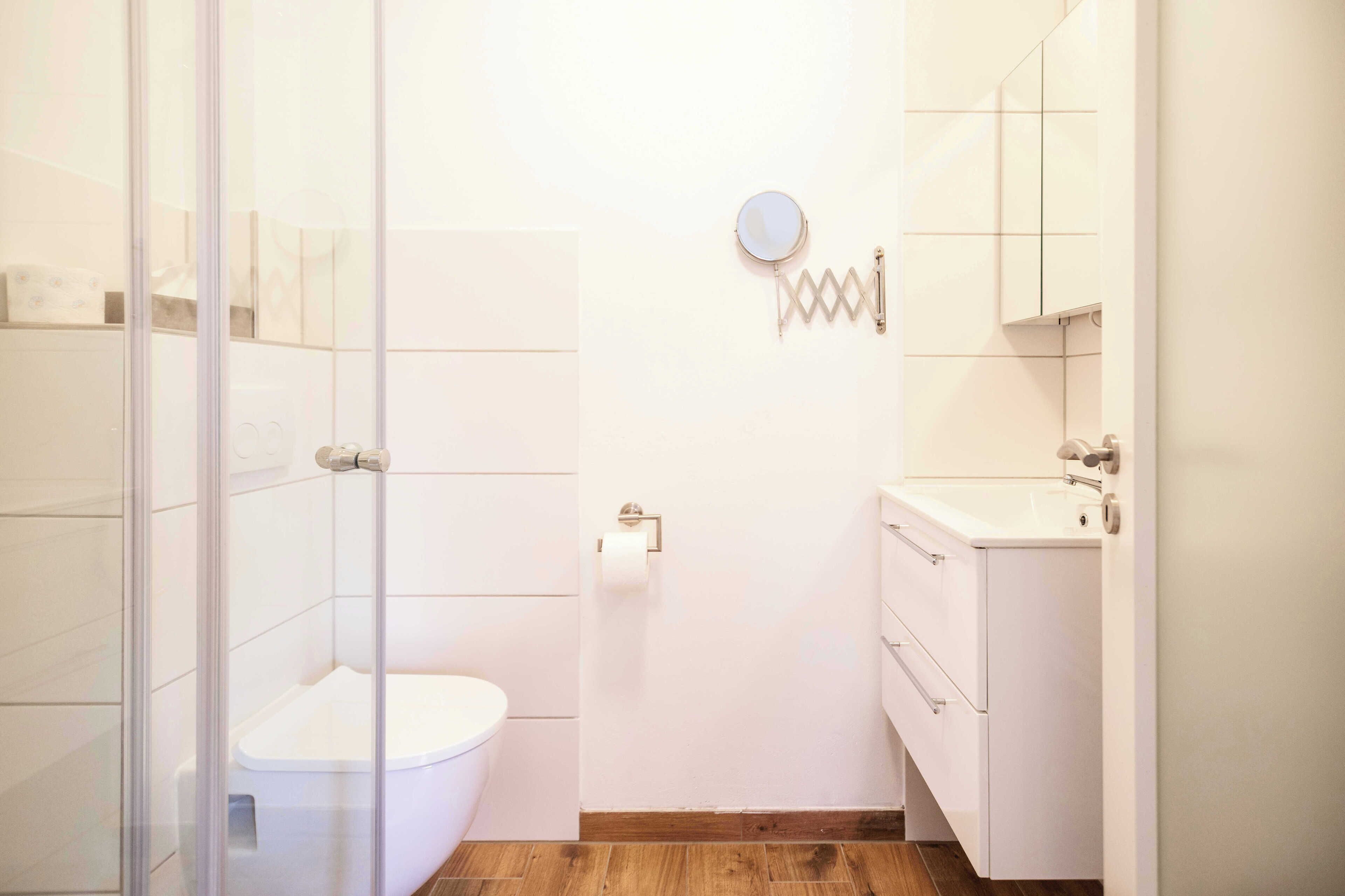 A bathroom with a glass shower enclosure, a toilet, a sink, and a mirror.