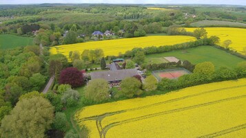Paisaje rural con campos de flores amarillas, una casa con techo inclinado y una cancha de tenis.