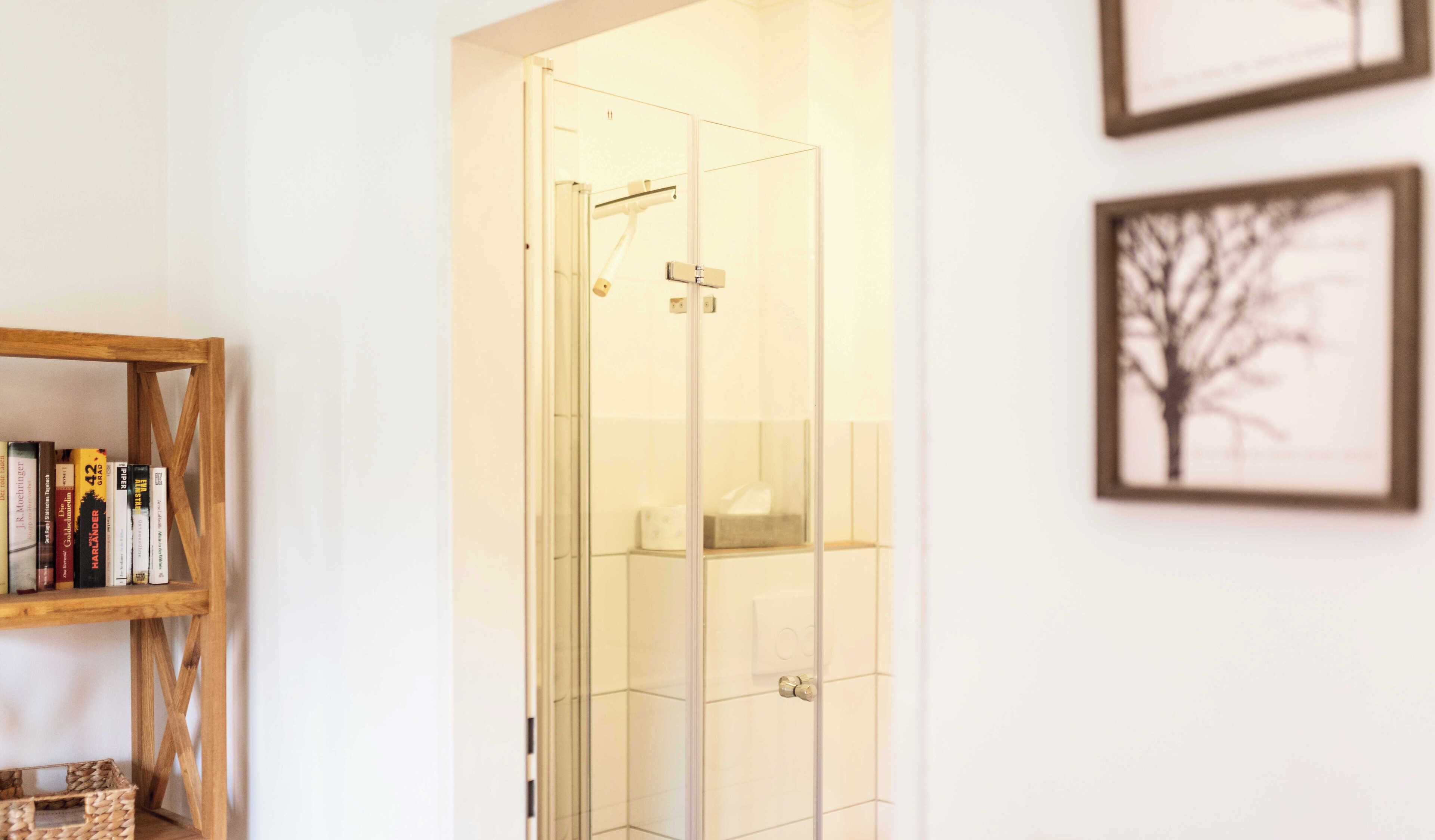 A glass-enclosed shower with a control panel, a wooden bookshelf with books, and framed artwork on the wall.