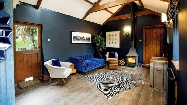 A cozy room with a blue sofa, white armchair, and a zebra-patterned rug. There's a fireplace, a wooden door, and a framed picture on the wall. - The Dairy - Rustic Retreats (Swansea)