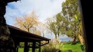 A view from inside a building looking out to a grassy area with trees and a wooden structure. - The Dairy - Rustic Retreats (Swansea)