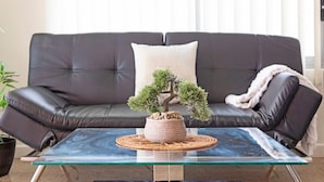 Een donker leren bank met een wit kussen, een glazen salontafel met een geweven onderzetter en een bonsaiboom in een geweven pot.