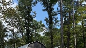 A rustic cabin with a wooden deck and a metal roof, surrounded by a grassy yard and tall trees. - Trails, Tails, & Scales - This listing has two Cabins Rental (Burkeville)