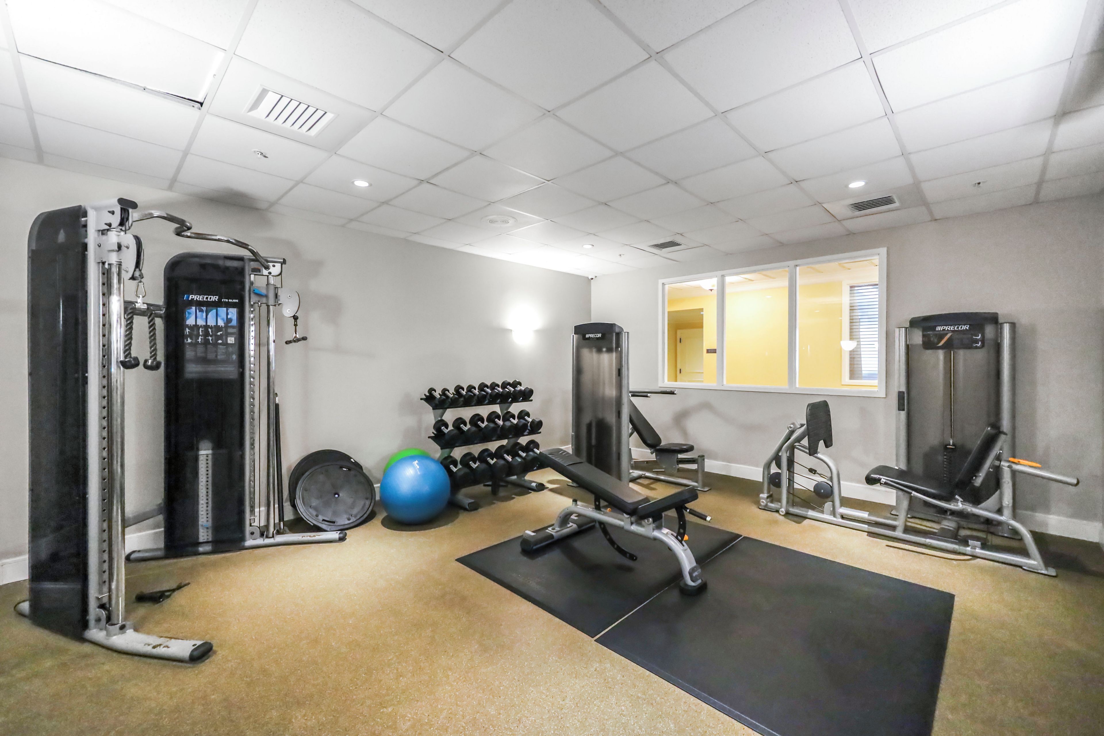 A gym with various exercise equipment, including a squat rack, dumbbells, and a medicine ball.