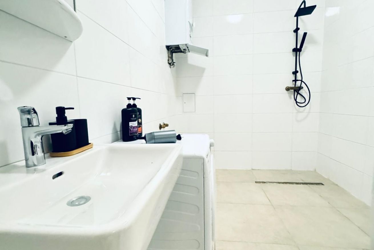 A bathroom with a white sink, a handheld showerhead, and a toilet.