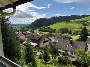 A residential area with houses, a view of a green valley, and a forested hill.