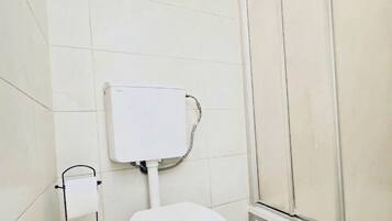 Un baño con inodoro, dispensador de papel higiénico y zona de ducha.