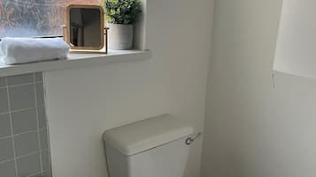 Hair dryer, towels, soap, toilet paper