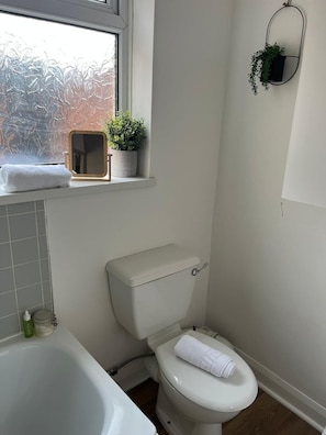 Hair dryer, towels, soap, toilet paper