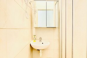 Shower, hair dryer, towels, soap