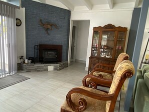 Smart TV, fireplace, books