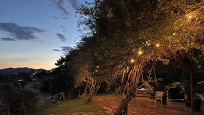 A garden with a paved path, wooden chairs, and a table under a tree with string lights. - Rifugio San Michele 1 (San Biagio della Valle)