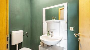 Un bagno con il water, un lavandino e uno specchio.
