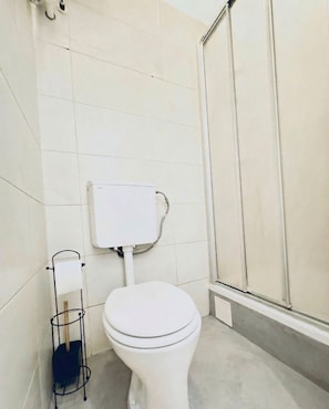 A bathroom with a toilet, a toilet paper holder, and a shower area.