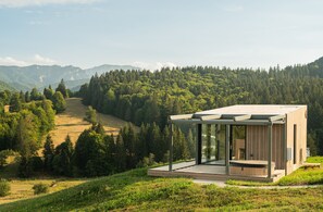 Een moderne cabin met een glazen constructie, gelegen in een bebost dal met bergen op de achtergrond.