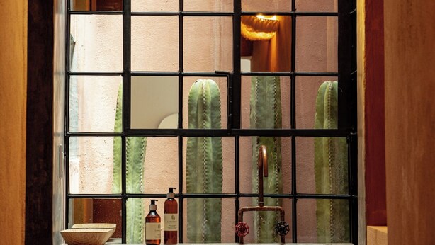 A bathroom with a window view of cacti, a sink, and two bottles on the windowsill. - Casa Arrona Oaxaca (Oaxaca)