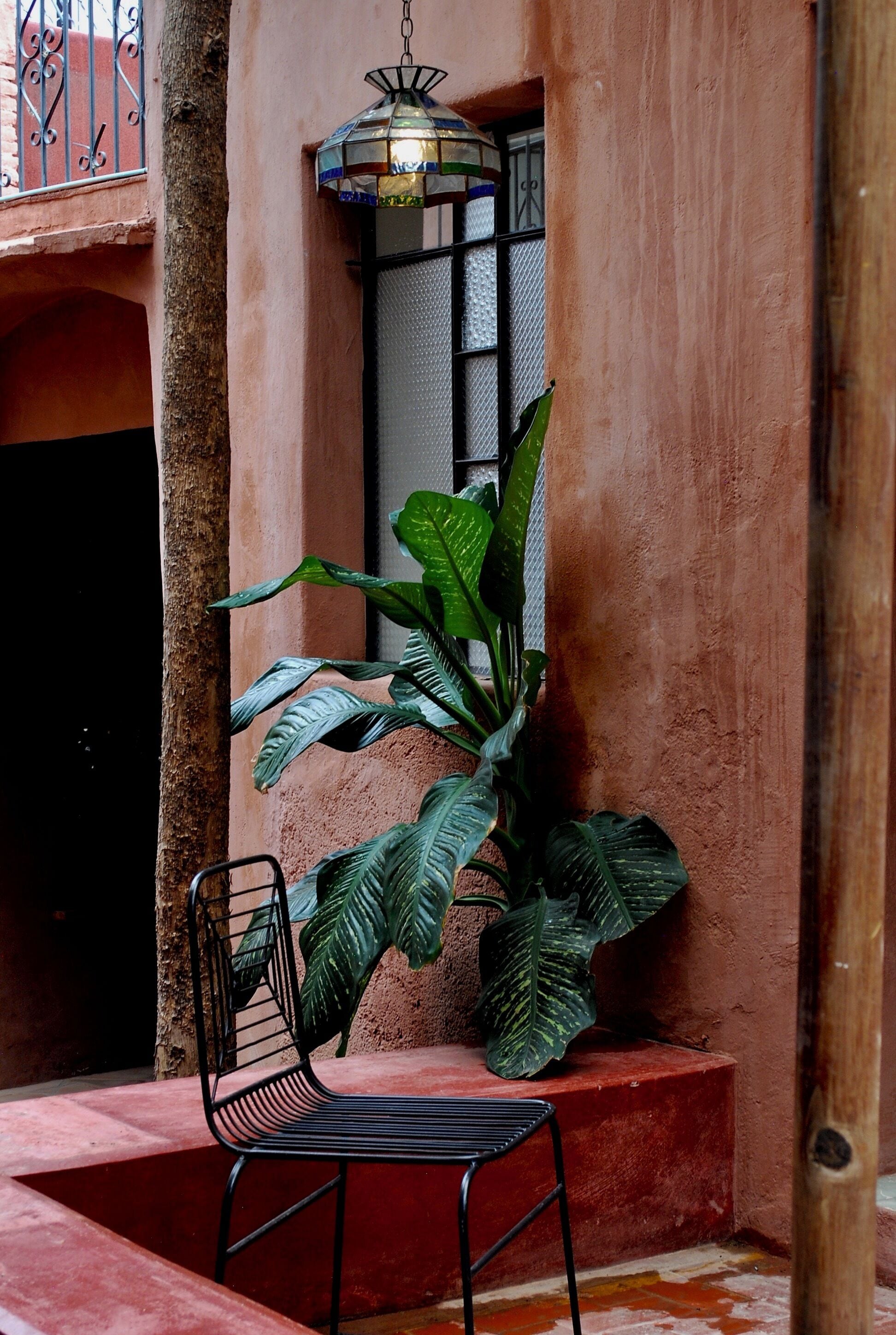 Una pequeña zona de estar al aire libre con una silla de metal y una planta en maceta.