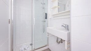 A modern bathroom with a glass-enclosed shower, a white sink, and a mirror above the sink.