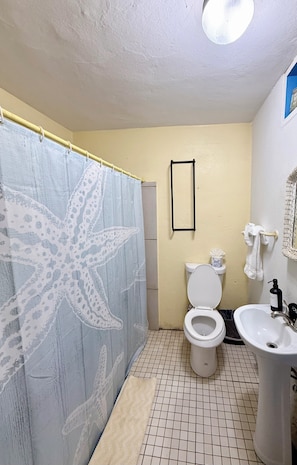 Hair dryer, towels, soap