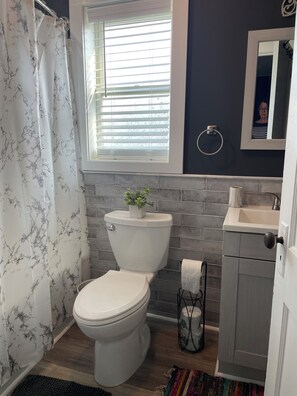 Hair dryer, towels, soap, toilet paper