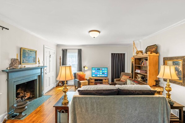 Smart TV, fireplace, books, video library