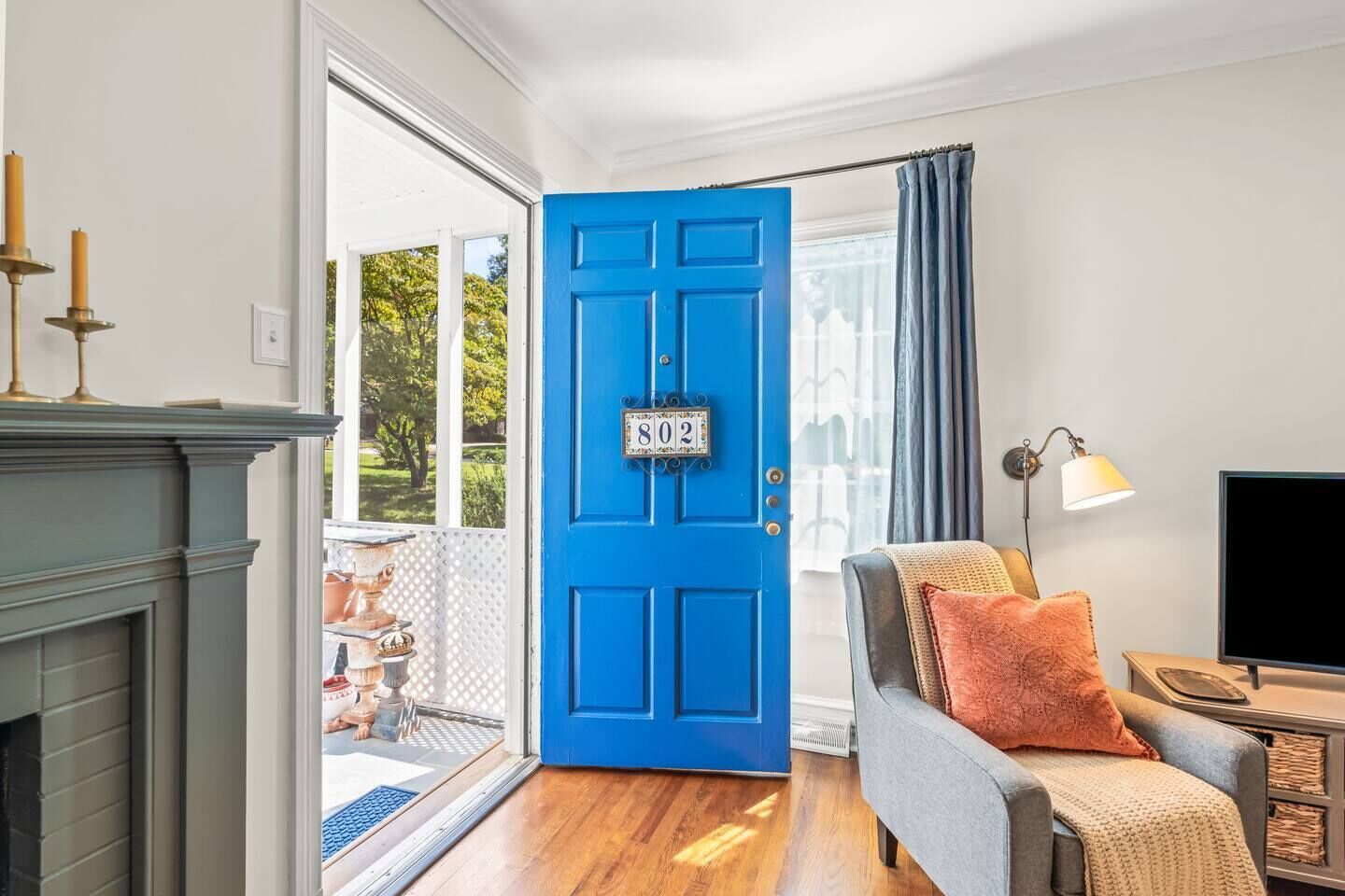 Smart TV, fireplace, books, video library